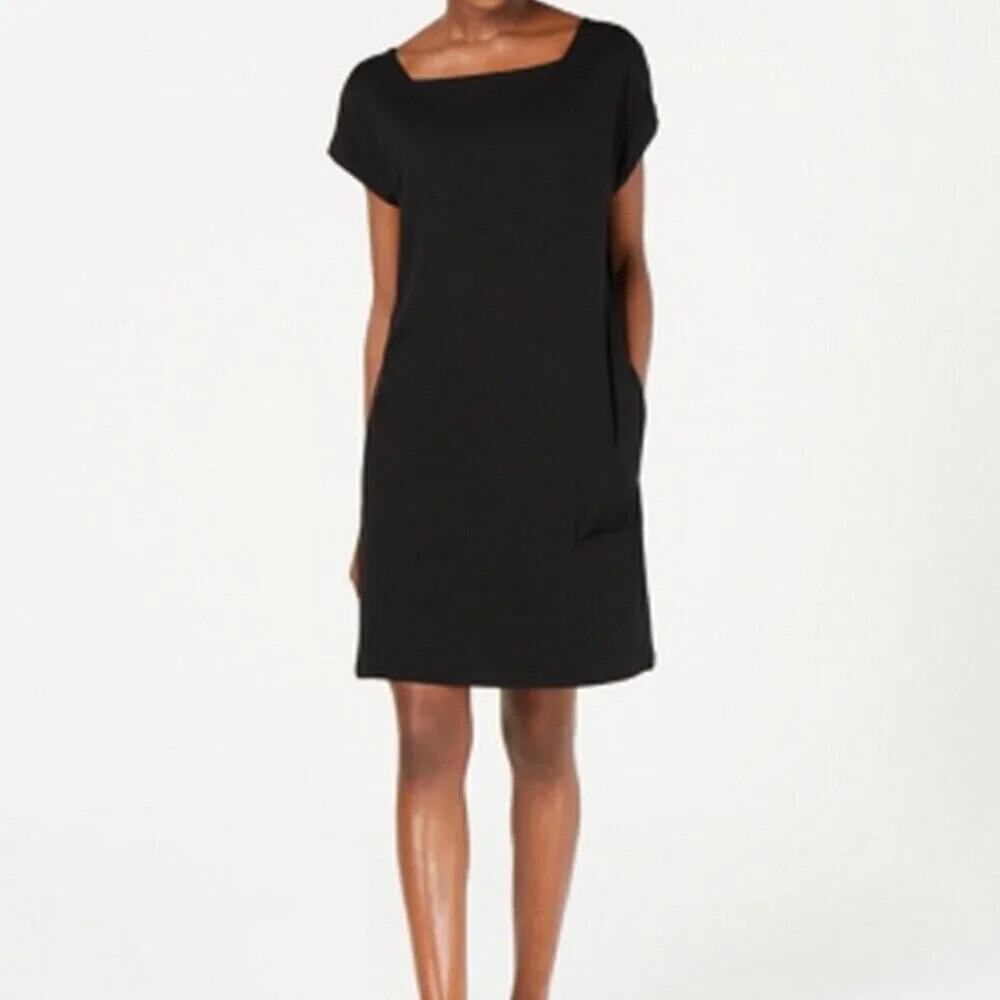 Eileen Fisher Black Short Sleeve Square Neck Jersey Dress Women's Size PS